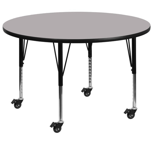 Mobile 48'' Round Grey Thermal Laminate Activity Table - Height Adjustable Short Legs