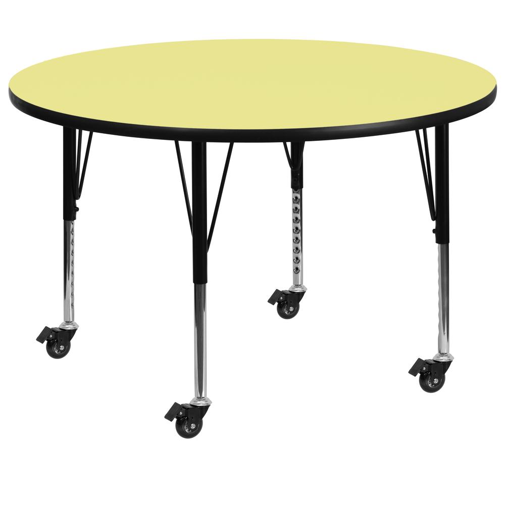 Mobile 48'' Round Yellow Thermal Laminate Activity Table - Height Adjustable Short Legs