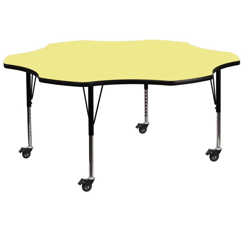 Mobile 60'' Flower Yellow Thermal Laminate Activity Table - Height Adjustable Short Legs