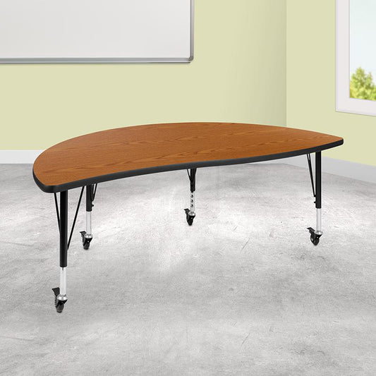 Mobile 60" Half Circle Wave Collaborative Oak Thermal Laminate Activity Table - Height Adjustable Short Legs