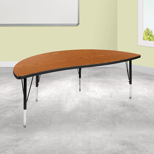 60" Half Circle Wave Collaborative Oak Thermal Laminate Activity Table - Height Adjustable Short Legs