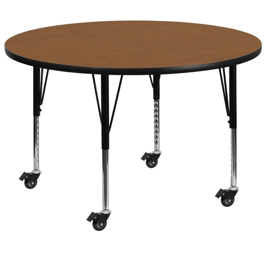 Mobile 60'' Round Oak Thermal Laminate Activity Table - Height Adjustable Short Legs