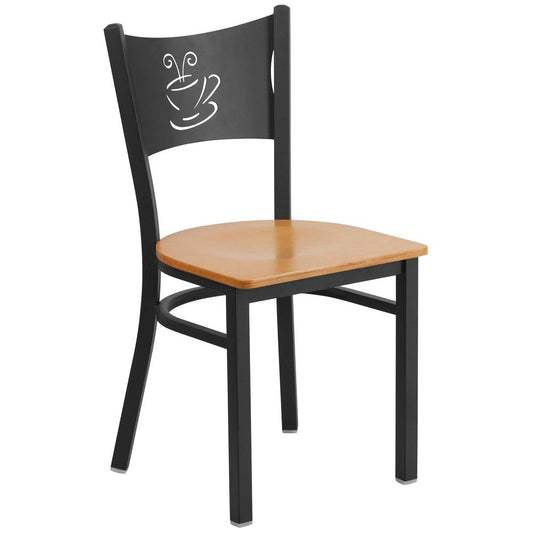 HERCULES Series Black Coffee Back Metal Restaurant Chair - Natural Wood Seat