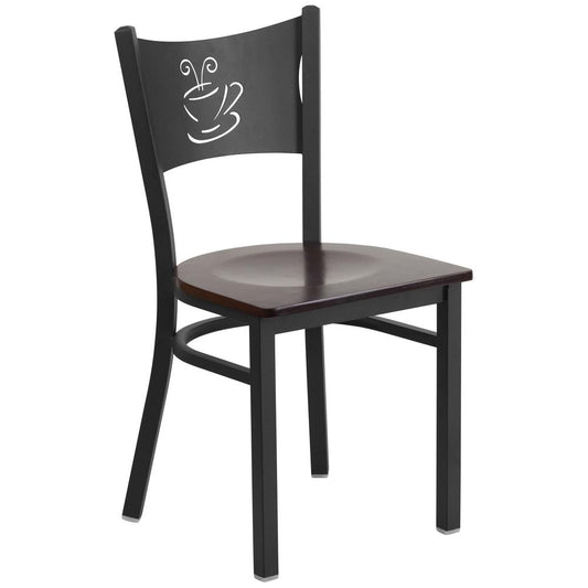 HERCULES Series Black Coffee Back Metal Restaurant Chair - Walnut Wood Seat