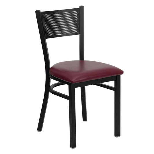 HERCULES Series Black Grid Back Metal Restaurant Chair - Burgundy Vinyl Seat