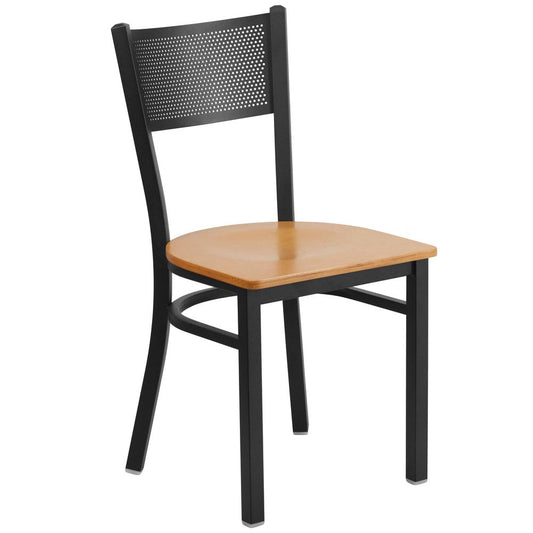 HERCULES Series Black Grid Back Metal Restaurant Chair - Natural Wood Seat