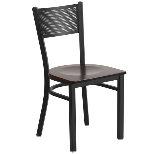 HERCULES Series Black Grid Back Metal Restaurant Chair - Walnut Wood Seat