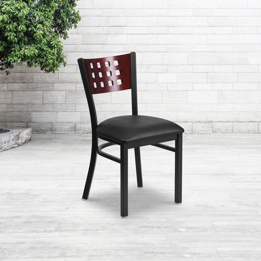 HERCULES Series Black Cutout Back Metal Restaurant Chair - Mahogany Wood Back, Black Vinyl Seat