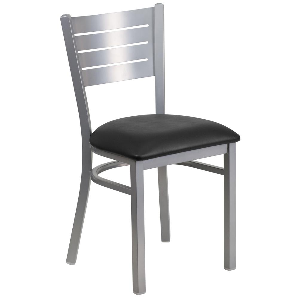 HERCULES Series Silver Slat Back Metal Restaurant Chair - Black Vinyl Seat