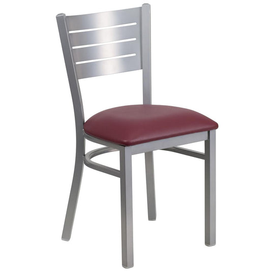 HERCULES Series Silver Slat Back Metal Restaurant Chair - Burgundy Vinyl Seat