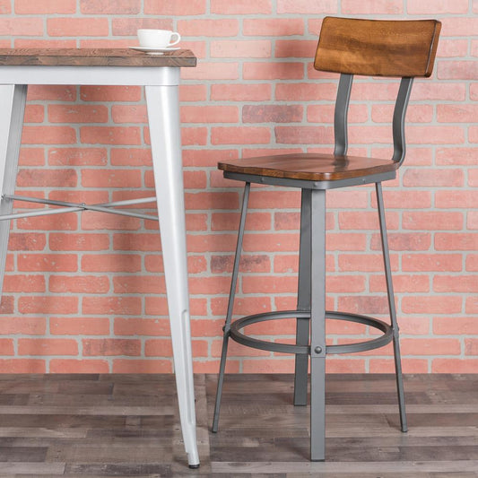 Flint Series Rustic Walnut Restaurant Barstool with Wood Seat & Back and Gray Powder Coat Frame