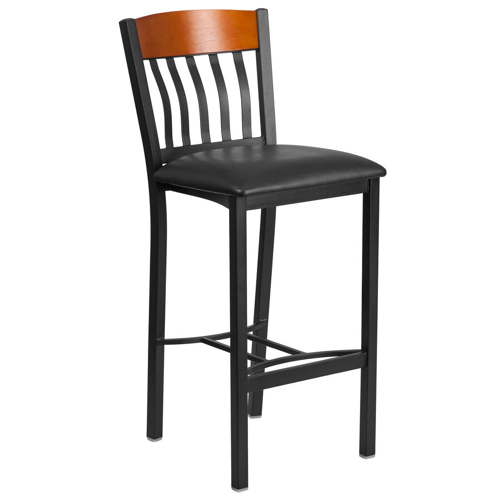 Eclipse Series Vertical Back Black Metal and Cherry Wood Restaurant Barstool with Black Vinyl Seat