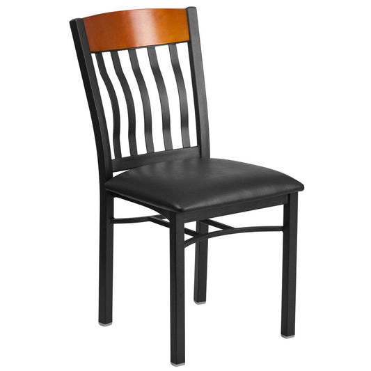 Eclipse Series Vertical Back Black Metal and Cherry Wood Restaurant Chair with Black Vinyl Seat