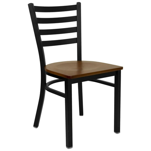 HERCULES Series Black Ladder Back Metal Restaurant Chair - Cherry Wood Seat