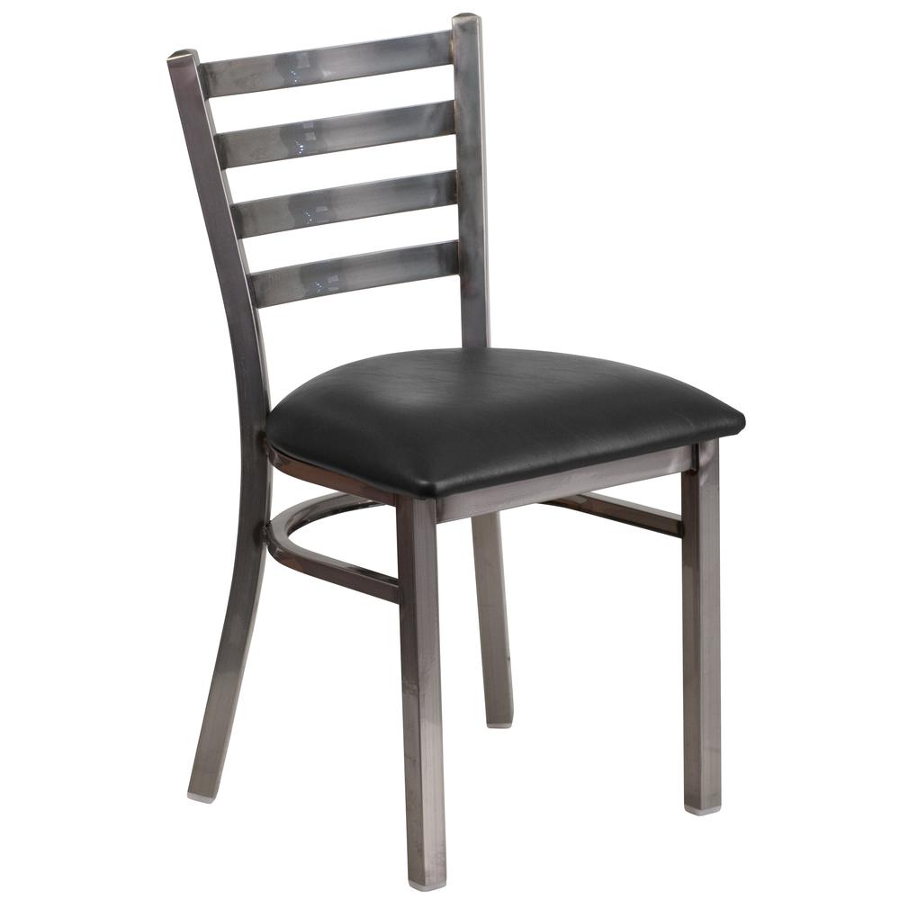 HERCULES Series Clear Coated Ladder Back Metal Restaurant Chair - Black Vinyl Seat