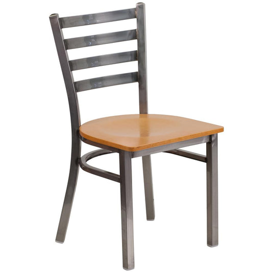 HERCULES Series Clear Coated Ladder Back Metal Restaurant Chair - Natural Wood Seat