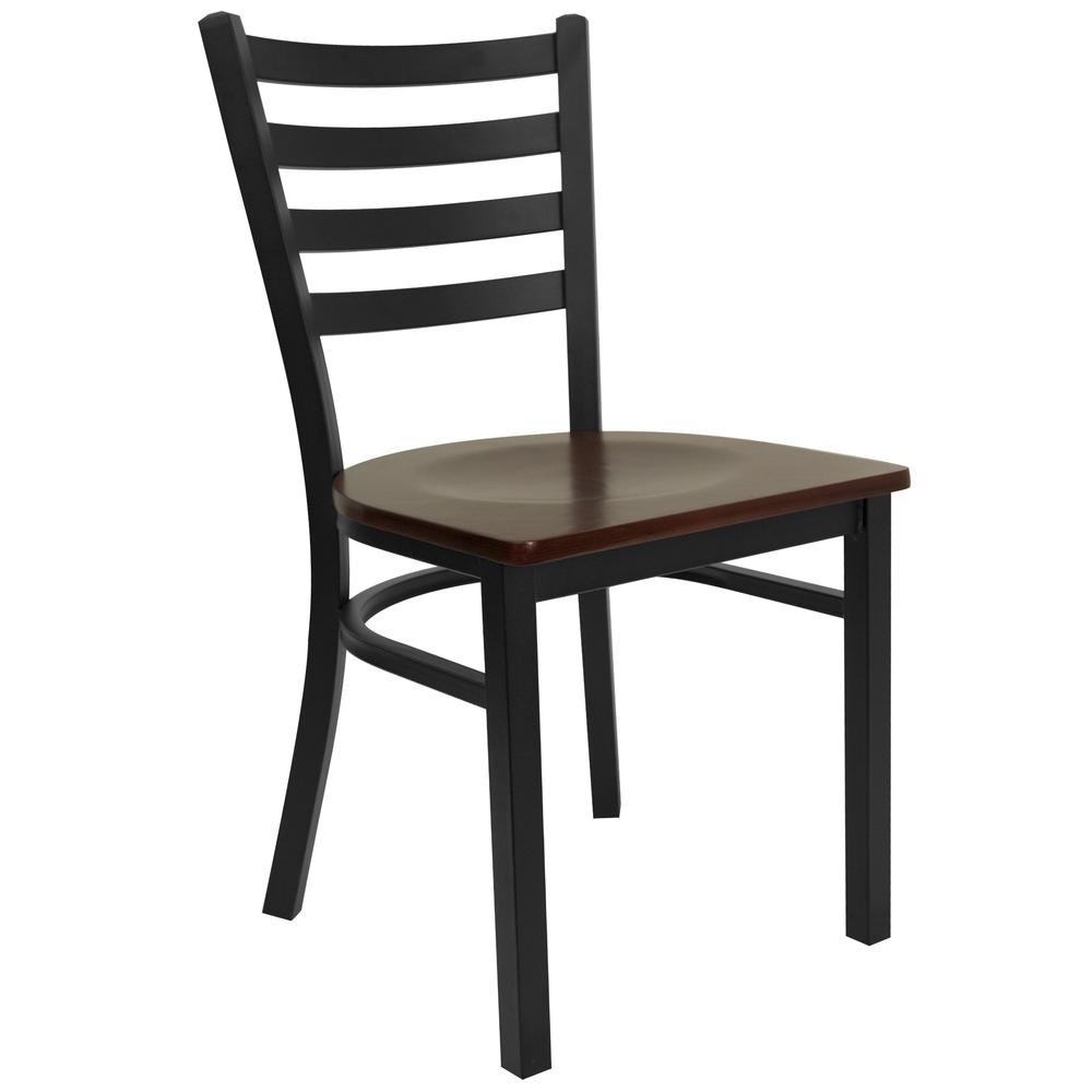 HERCULES Series Black Ladder Back Metal Restaurant Chair - Mahogany Wood Seat