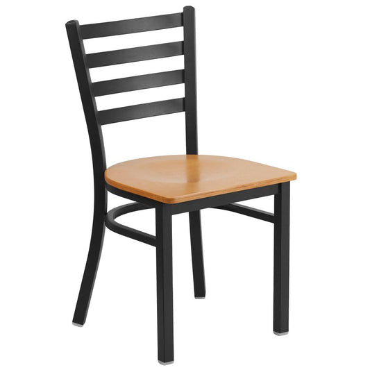 HERCULES Series Black Ladder Back Metal Restaurant Chair - Natural Wood Seat