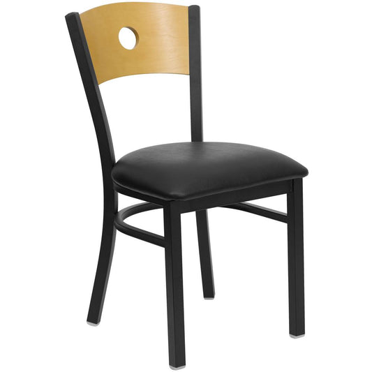 HERCULES Series Black Circle Back Metal Restaurant Chair - Natural Wood Back, Black Vinyl Seat