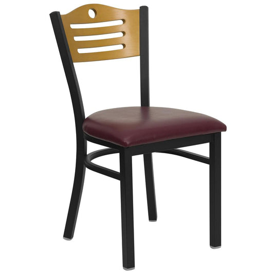 HERCULES Series Black Slat Back Metal Restaurant Chair - Natural Wood Back, Burgundy Vinyl Seat