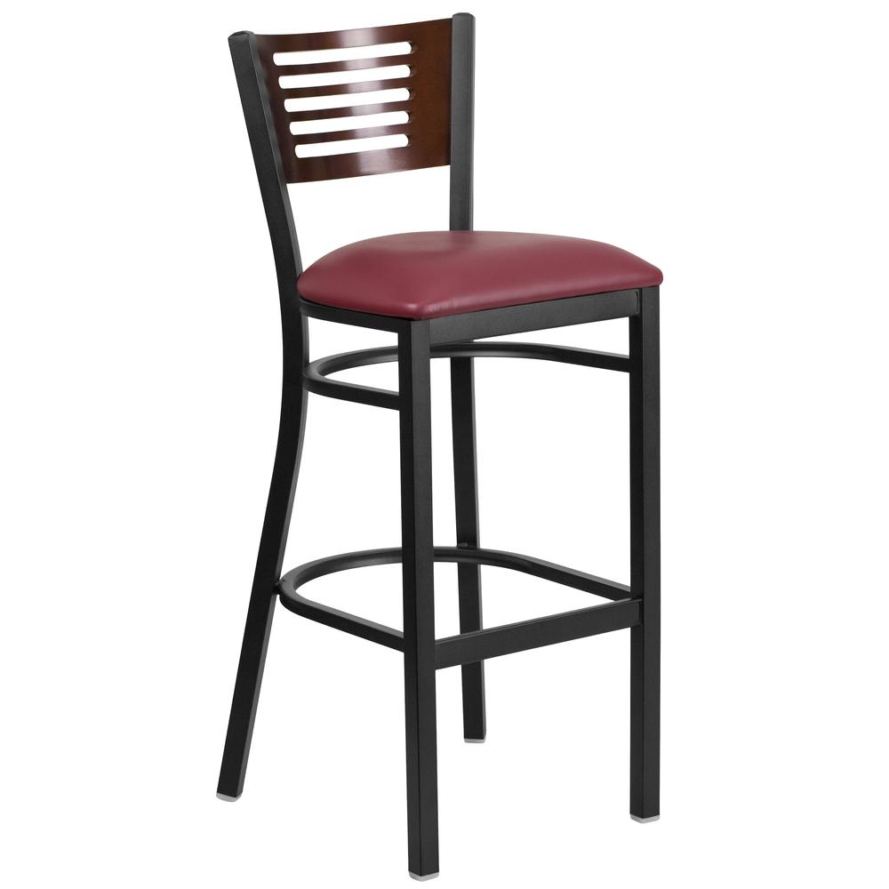 HERCULES Series Black Slat Back Metal Restaurant Barstool - Walnut Wood Back, Burgundy Vinyl Seat