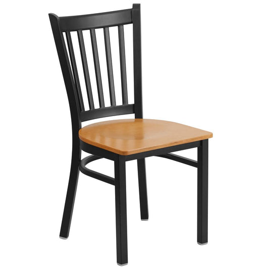 HERCULES Series Black Vertical Back Metal Restaurant Chair - Natural Wood Seat