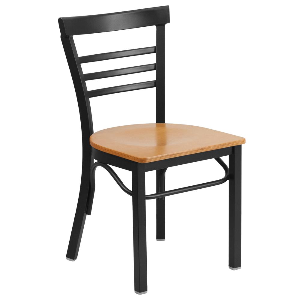 HERCULES Series Black Three-Slat Ladder Back Metal Restaurant Chair - Natural Wood Seat