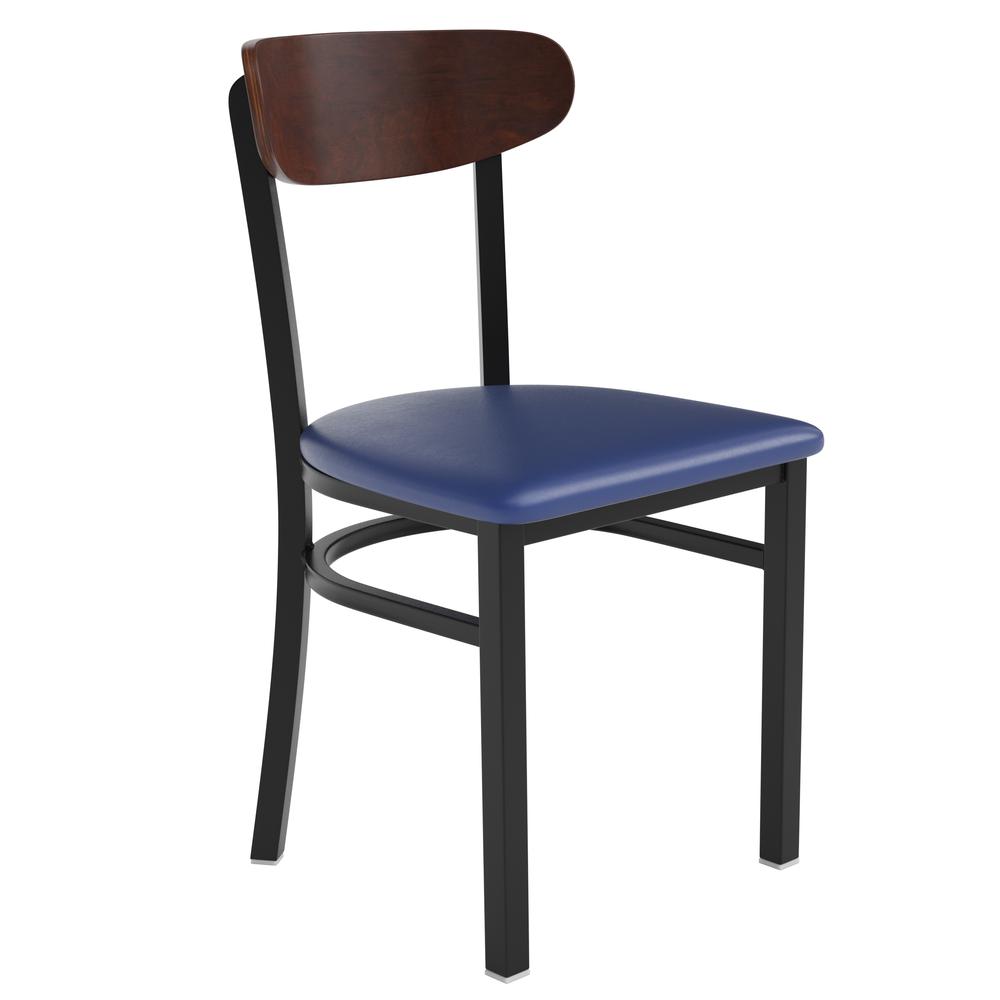 Wright Commercial Dining Chair with 500 LB. Capacity Black Steel Frame, Walnut Finish Wooden Boomerang Back, and Blue Vinyl Seat