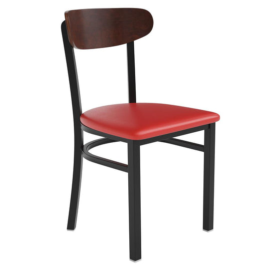 Wright Commercial Dining Chair with 500 LB. Capacity Black Steel Frame, Walnut Finish Wooden Boomerang Back, and Red Vinyl Seat