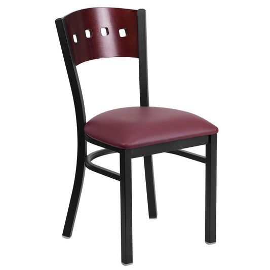 HERCULES Series Black 4 Square Back Metal Restaurant Chair - Mahogany Wood Back, Burgundy Vinyl Seat