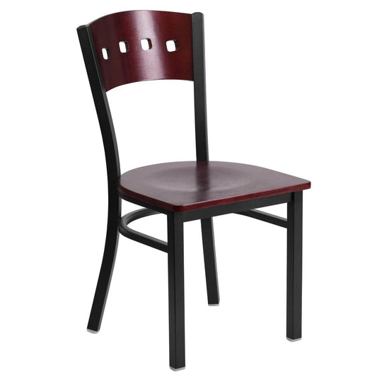 HERCULES Series Black 4 Square Back Metal Restaurant Chair - Mahogany Wood Back & Seat