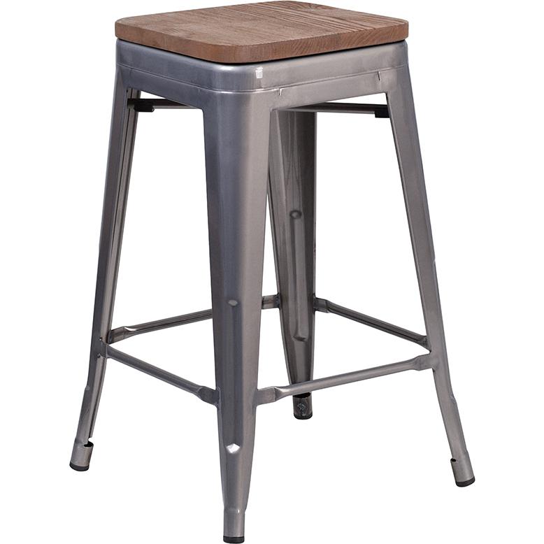 24" High Backless Clear Coated Metal Counter Height Stool with Square Wood Seat