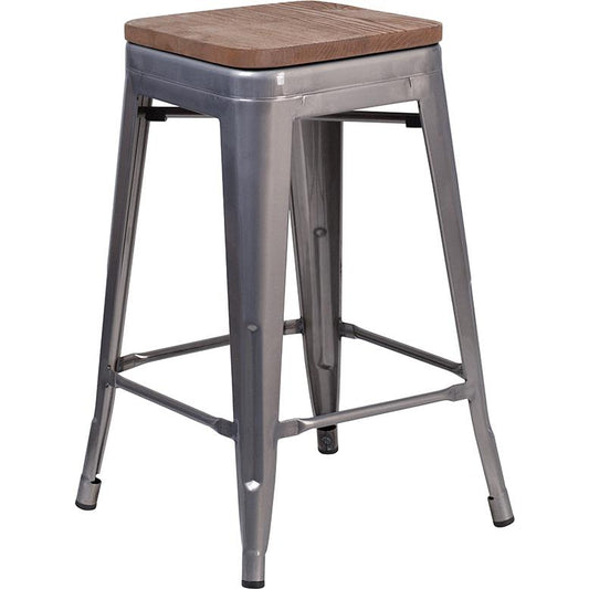 24" High Backless Clear Coated Metal Counter Height Stool with Square Wood Seat