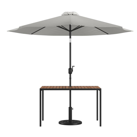 3 Piece Outdoor Patio Table Set - 30" x 48" Synthetic Teak Patio Table with Gray Umbrella and Base