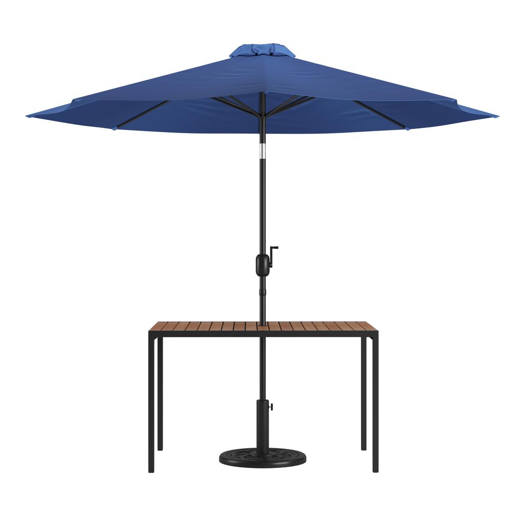 3 Piece Outdoor Patio Table Set - 30" x 48" Synthetic Teak Patio Table with Navy Umbrella and Base