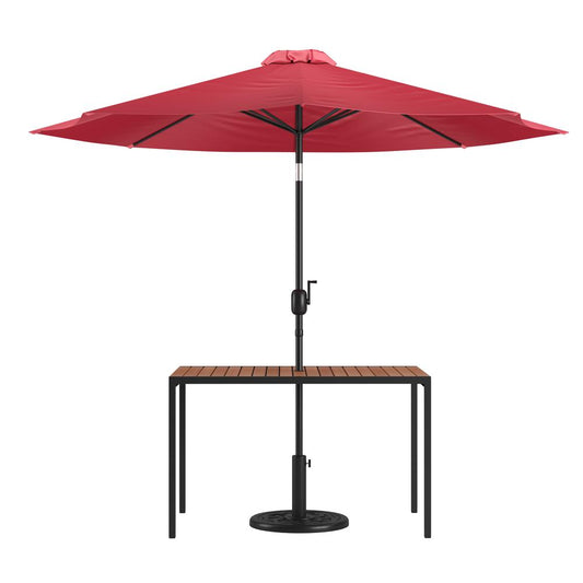 3 Piece Outdoor Patio Table Set - 30" x 48" Synthetic Teak Patio Table with Red Umbrella and Base