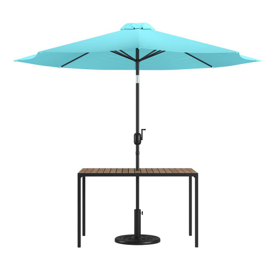 3 Piece Outdoor Patio Table Set - 30" x 48" Synthetic Teak Patio Table with Teal Umbrella and Base