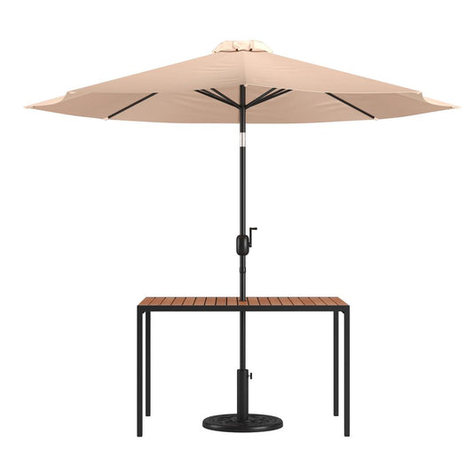 3 Piece Outdoor Patio Table Set - 30" x 48" Square Synthetic Teak Patio Table with Tan Umbrella and Base