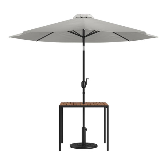 3 Piece Outdoor Patio Table Set - 35" Square Synthetic Teak Patio Table with Gray Umbrella and Base