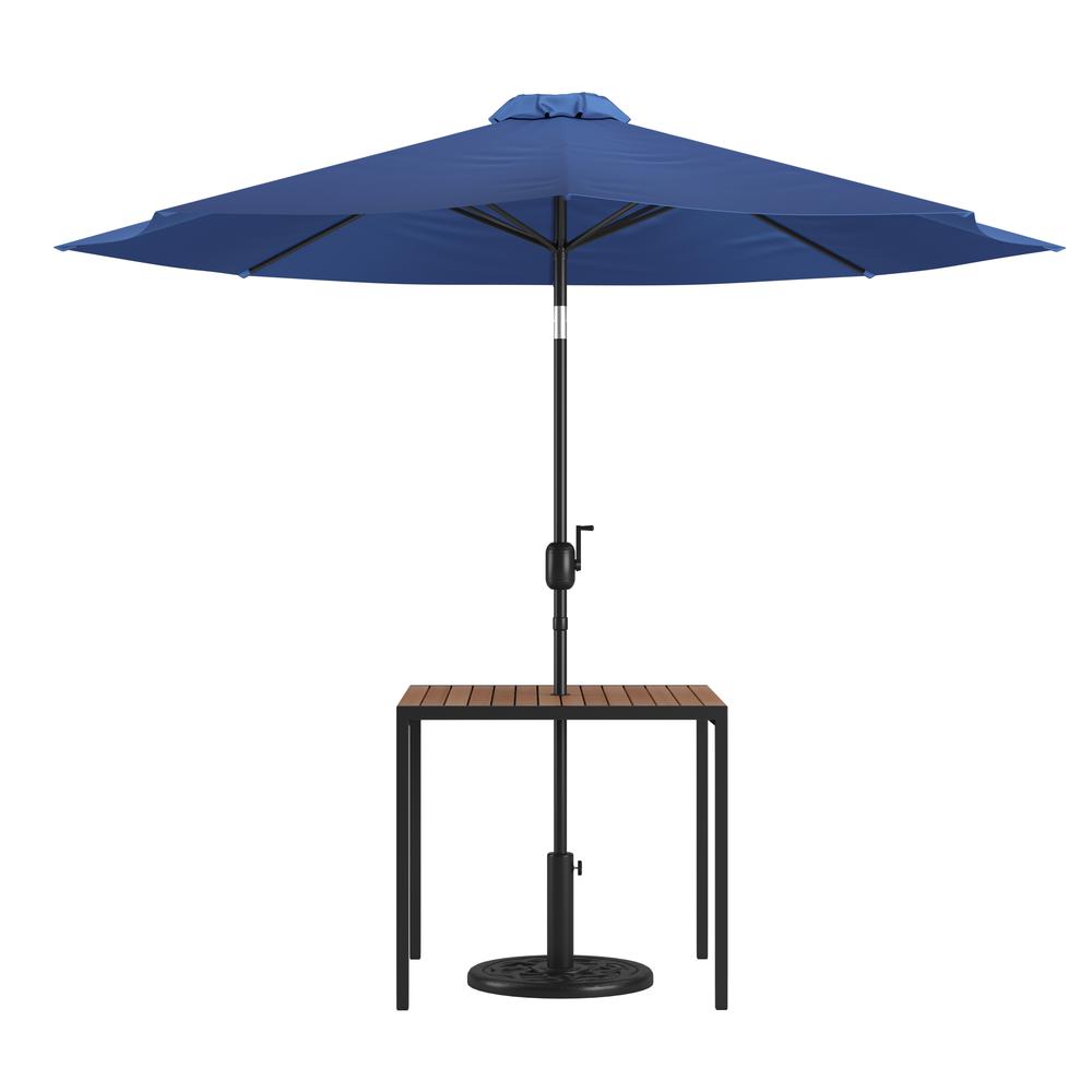 3 Piece Outdoor Patio Table Set - 35" Square Synthetic Teak Patio Table with Navy Umbrella and Base