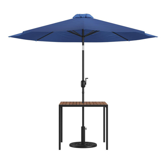 3 Piece Outdoor Patio Table Set - 35" Square Synthetic Teak Patio Table with Navy Umbrella and Base