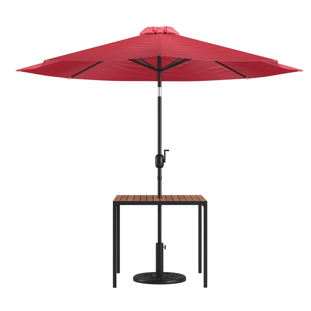 3 Piece Outdoor Patio Table Set - 35" Square Synthetic Teak Patio Table with Red Umbrella and Base