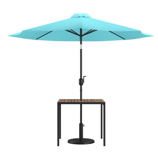 3 Piece Outdoor Patio Table Set - 35" Square Synthetic Teak Patio Table with Teal Umbrella and Base