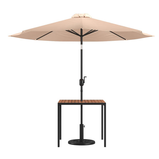 3 Piece Outdoor Patio Table Set - 35" Square Synthetic Teak Patio Table with Umbrella Hole and Tan Umbrella with Base