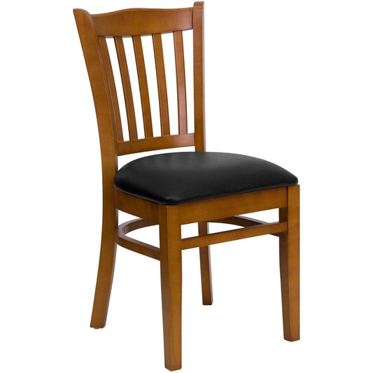 HERCULES Series Vertical Slat Back Cherry Wood Restaurant Chair - Black Vinyl Seat