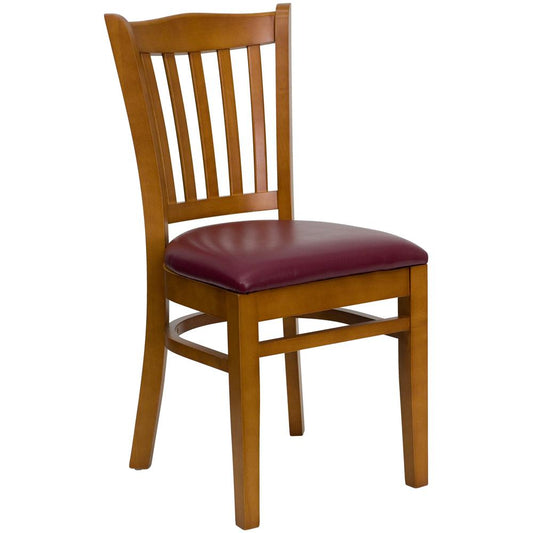 HERCULES Series Vertical Slat Back Cherry Wood Restaurant Chair - Burgundy Vinyl Seat