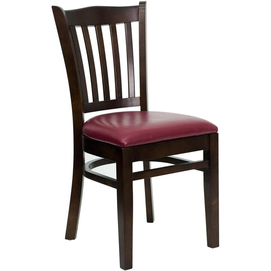 HERCULES Series Vertical Slat Back Walnut Wood Restaurant Chair - Burgundy Vinyl Seat