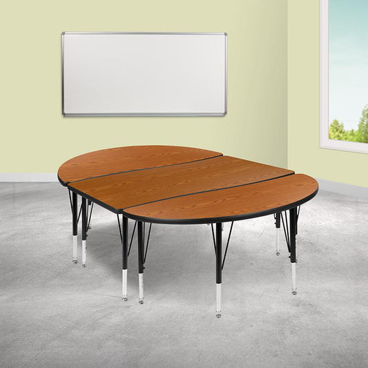 3 Piece 76" Oval Wave Collaborative Oak Thermal Laminate Activity Table Set - Height Adjustable Short Legs