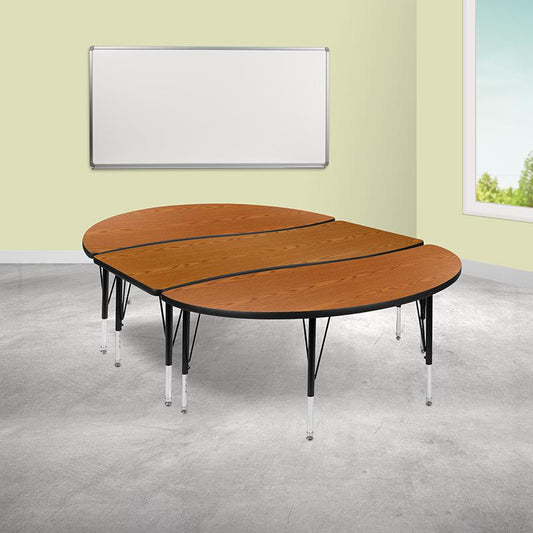 3 Piece 86" Oval Wave Collaborative Oak Thermal Laminate Activity Table Set - Height Adjustable Short Legs