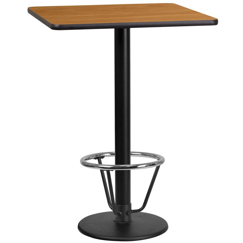 24'' Square Natural Table Top - 18'' Round Bar Height Table Base and Foot Ring